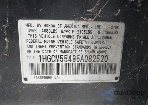 2005 Honda Accord 2.4 Lx из США, поврежденный, VIN 1HGCM55495A082520